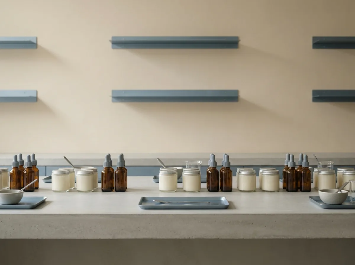 Unlabeled glass jars and amber dropper bottles arranged on a pale cosmetics lab bench.
