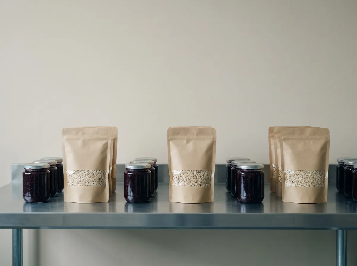 Unlabeled jars of berry jam and kraft pouches of oat flakes on a stainless steel table.