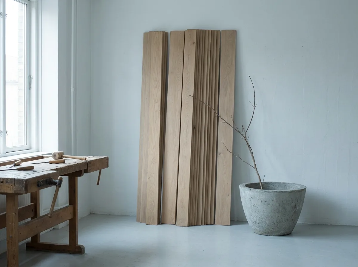 Stacked light oak planks and a concrete planter in a quiet Nordic furniture workshop.