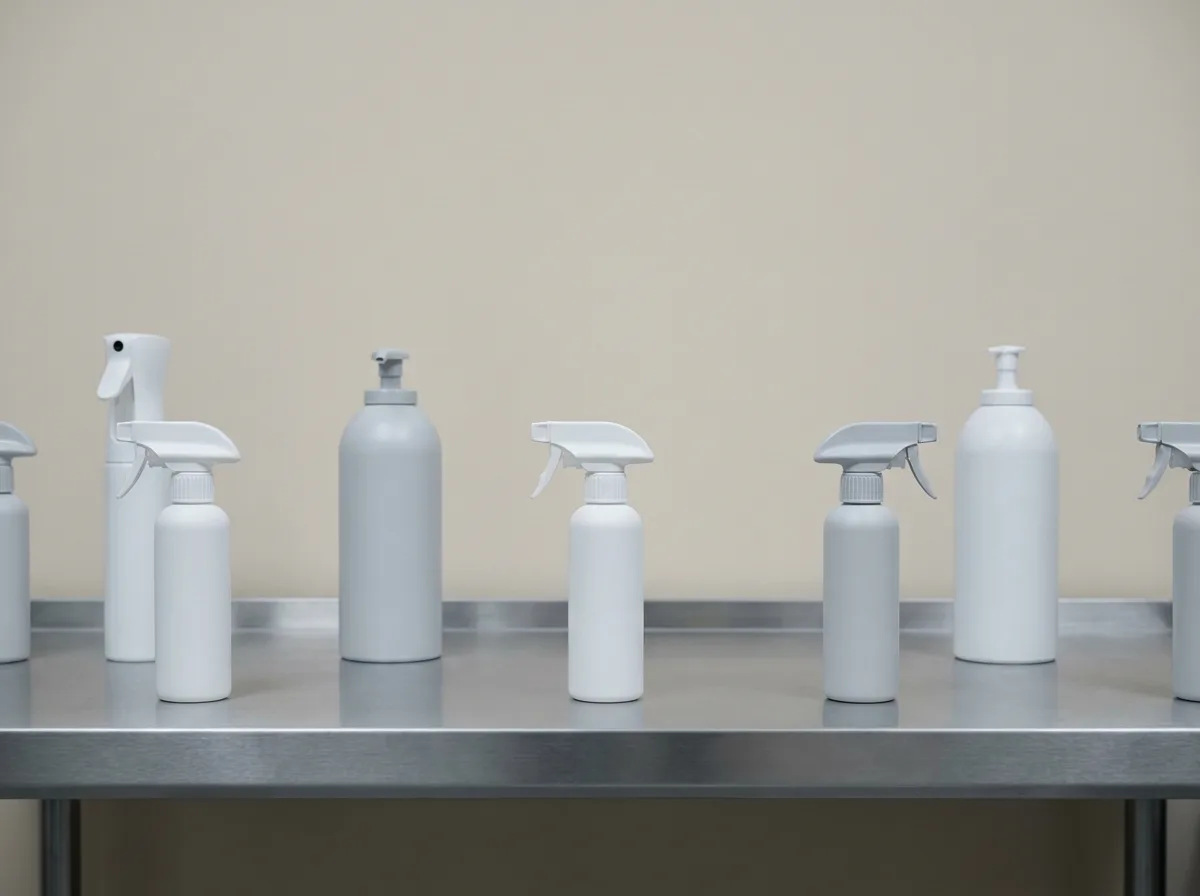 Unlabeled white spray bottles and refill bottles on a stainless steel bench.