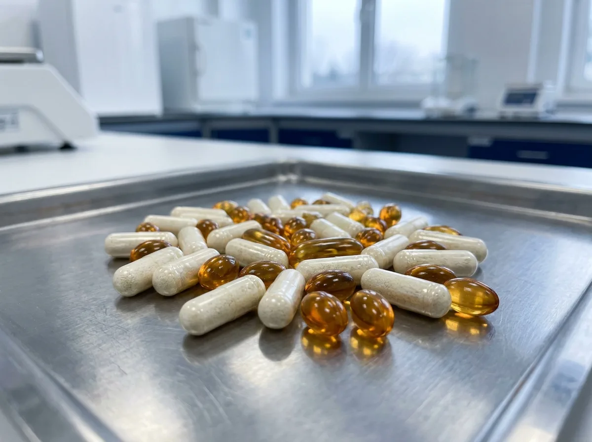 Unlabeled capsules and softgels on a stainless steel tray in a clean production room.