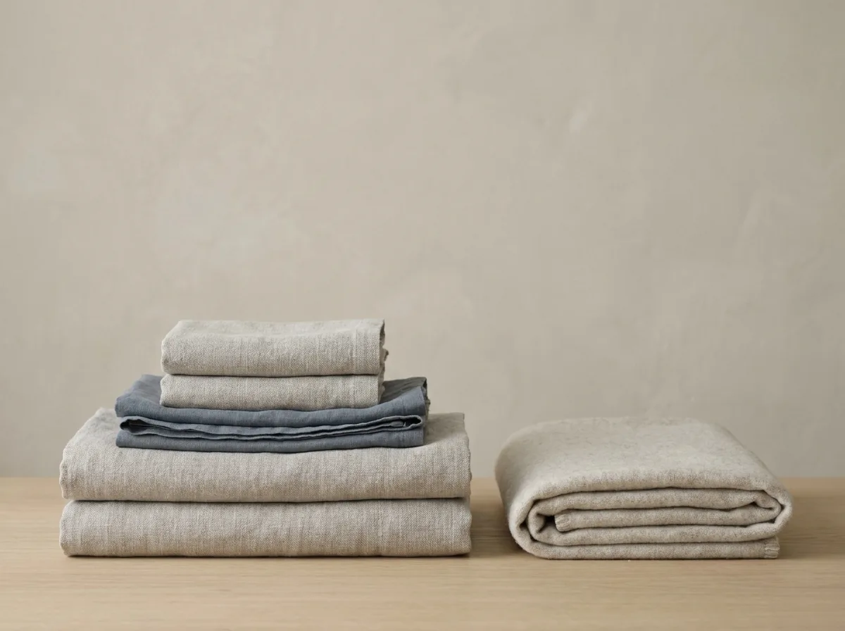 Folded stacks of undyed linen and a wool blanket on a light wooden table.