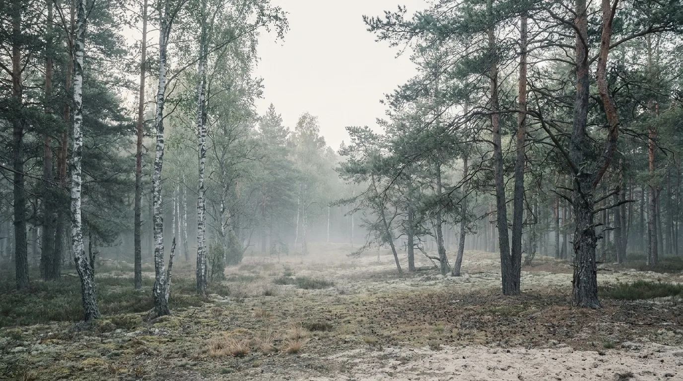 Birch and pine forest in soft morning mist.