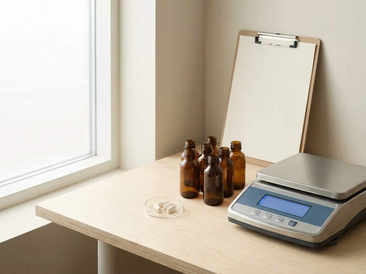 A quality-control bench with amber bottles, capsules and a precision scale in daylight.