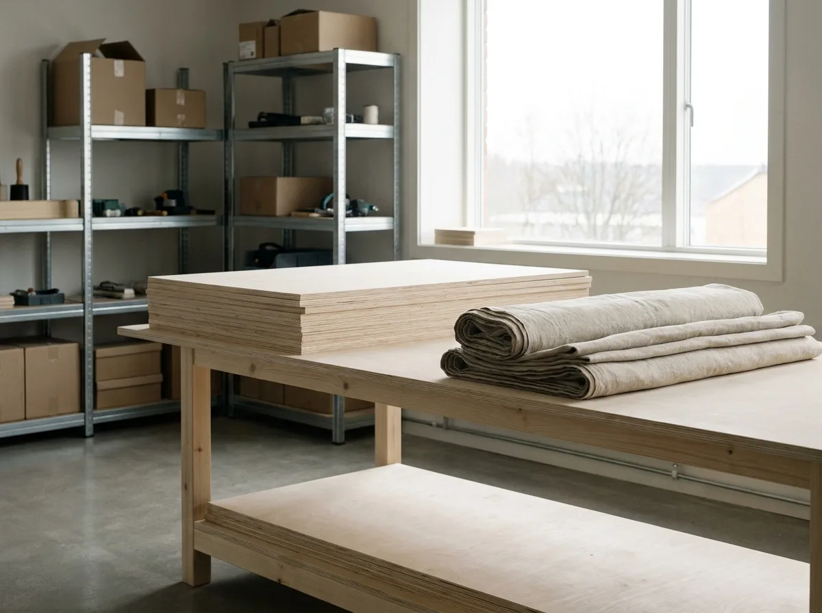 A quiet workshop with stacked birch plywood and folded linen on a wooden bench.